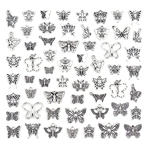 JIALEEY Butterfly Charms Beads Necklace Pendants DIY for Jewelry Making and Crafting, 60 PCS Tibetan Silver Plated Butterfly Charm