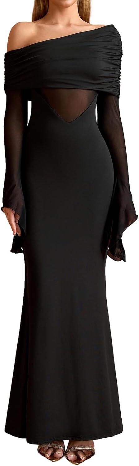 Women One Shoulder Long Sleeve Maxi Dress Bodycon Cut Out Long Formal Wedding Guest Dresses