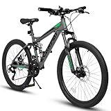 BKNROIHB 27.5 Inch Full Suspension Mountain Bike with Front and Rear Dual Shock Absorbers, Mechanical Disc Brakes, 21-Speed, Ideal for Men and Women, Travel and Fitness Enthusiasts(Gray)