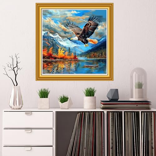 Image of Dooxvey Counted Cross Stitch Kits for Adults 11CT Printed Cross-Stitch Patterns Cross Stitching Embroidery Kit Stamped or Counted Needlepoint Kits-The Eagle by the Lake 18x18 inch
