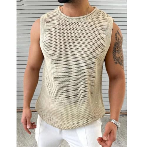 Men Casual Knitting Tank Tops Summer Sexy Transparent Beach Vest Sleeveless Hollow Out Sweater3