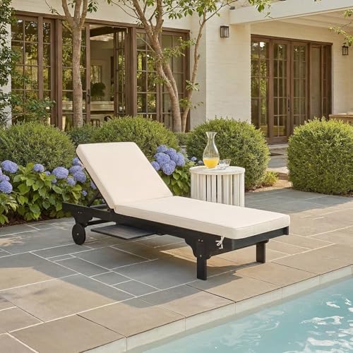 Image of SAFAVIEH Outdoor Collection Newport Black / Beige Cushion Built-in Side Table Adjustable Chaise Lounge Chair