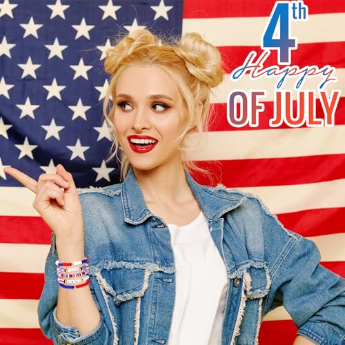4th of July Outfits for Women- Red White and Blue Bracelets Stackable Beaded Stretchable USA Patriotic Bracelets, Independence Day Fourth of July Jewelry Patriotic USA Accessories & Friendship Gifts3