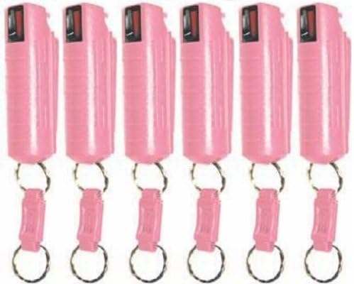Personal Defense Equipment - Lot of (6) Pink Hard Case Pepper Shot Pepper Spray Keychain with How to Confront Danger Article By J. Ororo