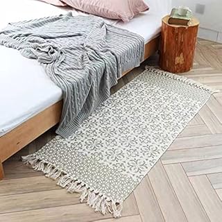Vintage Beige Rug Area Rug Cotton Rugs Lilas Flower Printed Hand Woven Carpet with Tassel Cotton Rug Runner 60x130cm Small Throw Rug for Living Room Bedroom Kitchen Entryway Door Mat