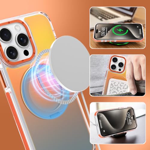 Image of Magnetic for iPhone 15 Pro Max Case with 360 Stand [Compatible with Magsafe] [Fluorescent Design] [1 Screen Protector] Slim Translucent Matte Case for iPhone 15 Pro Max 6.7 inch, Orange