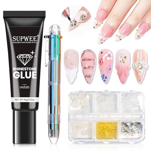 15g Rhinestone Nail Glue Set with 6 in 1 Nail Dotting Pen & Nail Gems and Charms, Super Strong, Gel Nail Glue, for Gems and Jewels Decoration, 3D Nail Art Gel, Gifts for Women Girls