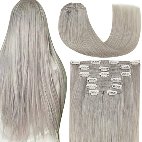 Hetto Silver Blonde Clip in Hair Extensions 100g 7Pcs Thick Clip on Hair Pieces 14 Inch Double Wefted Silky Straight Human Hair Clip in Extensions Light Silver Hair