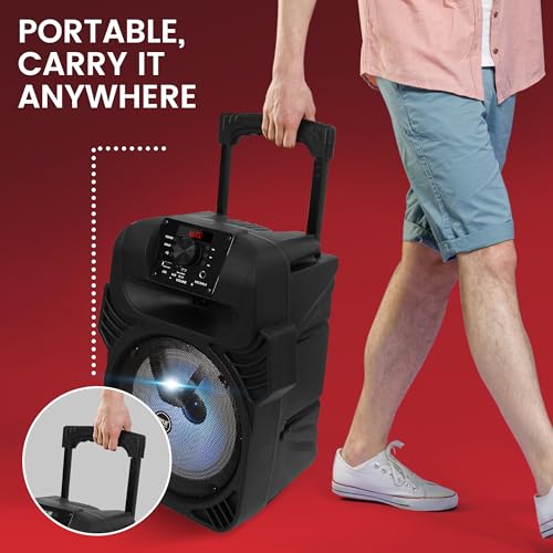 Image of Pyle 8 inch Portable Bluetooth Speaker | 500W Rechargeable Karaoke PA Speaker with LED Party Lights, Microphone Inputs, FM Radio, USB /MP3, Extendable Carry Handle | Includes Remote Control (Black)