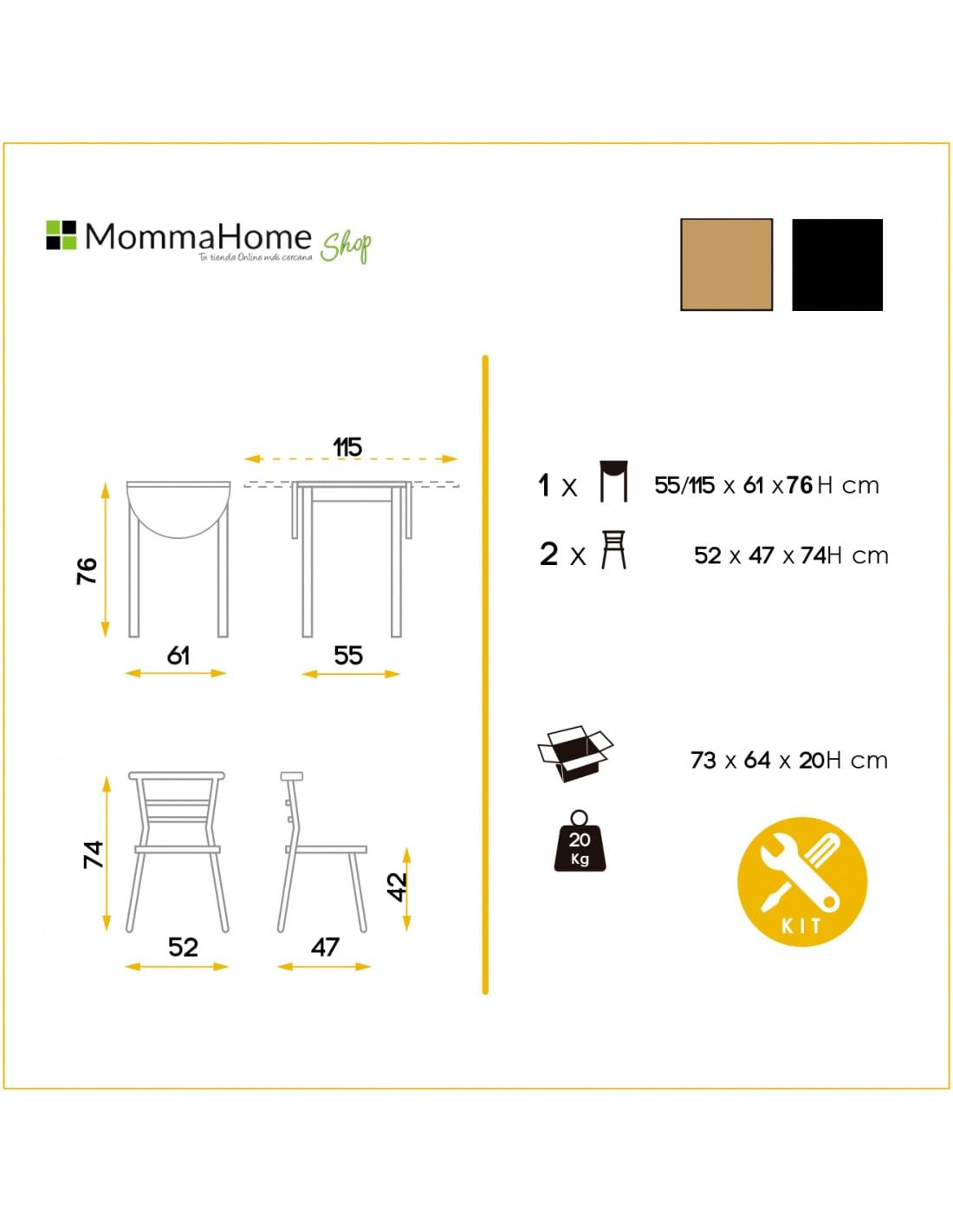 MOMMA HOME Ensemble Table de Cuisine Extensible avec 2 Chaises – Pliable et Compact, Idéal pour la Salle à Manger ou la Cuisine, Modèle Leva (Noir/Chêne)