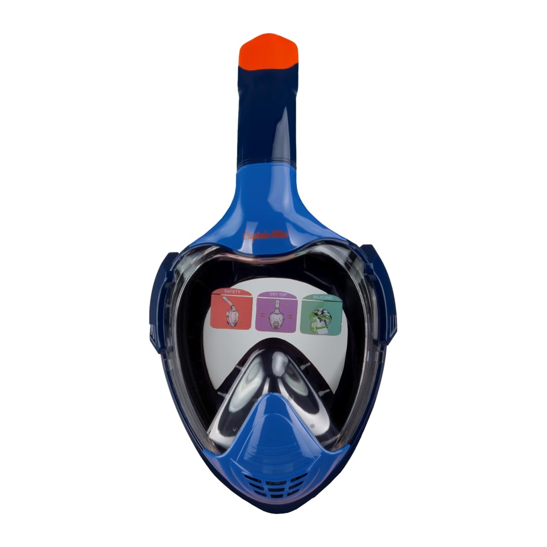 Captain Mike Maschera da snorkeling integrale con Dry Top – 180° Panorama – Valvola CO₂ & Anti Fog – Sistema respiratorio per naso e bocca – Supporto fotocamera – Per adulti e ragazzi