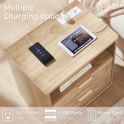 LEYAOYAO Rattan Night Stand with Charger Station, 23" Wide Boho Nightstand with 2 Drawers, Natural Wood Bedside Table Open Storage Cabinet, Bed Side End Tables Dresser for Bedroom, Living Room Hallway - Image 3