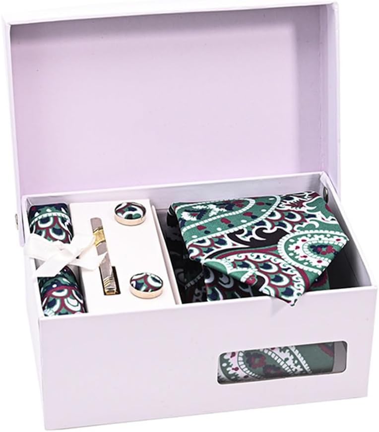 Silk Men's Boxed Tie Printed Imitation Business Square Scarf Tie Clip Cuff 6-Piece Set(E)