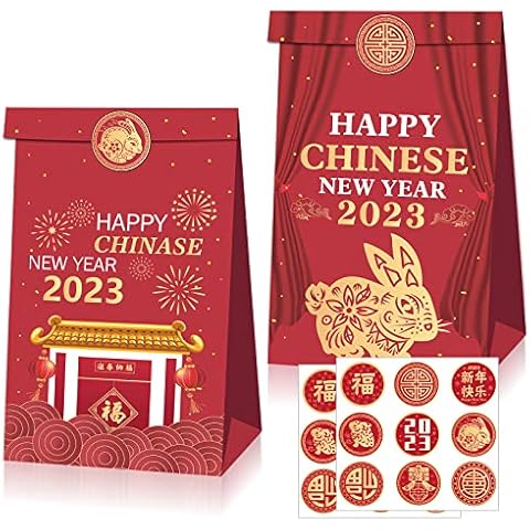18 Pack Chinese New Year 2023 Year of the Rabbit Party Goodie Bags, Lunar New Year Red Kraft Paper Candy Bags, Spring Festival Party Favor Treat Box Gift Bags Cover