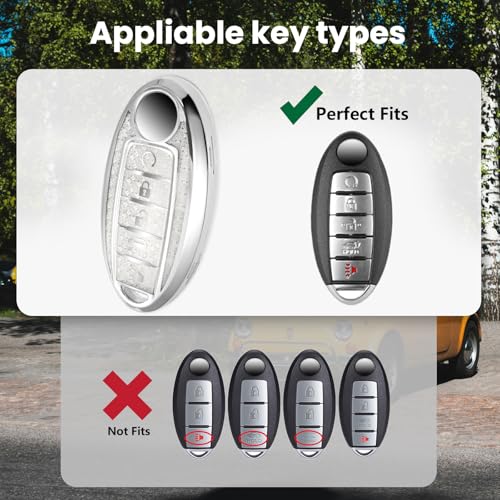 Image of Car Key Fob Cover for Nissan, Rhinestone Wristlet Case, White | Wear-resistant TPU shell, non-stretch rhinestone wristlet, daily splash, scratch and drop protection, normal signal use