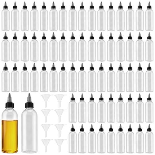 HAKZEON 80 Pcs 2oz 60ml Boston Round Squeeze Bottles with Twist Caps and Funnels, Clear Plastic PET...