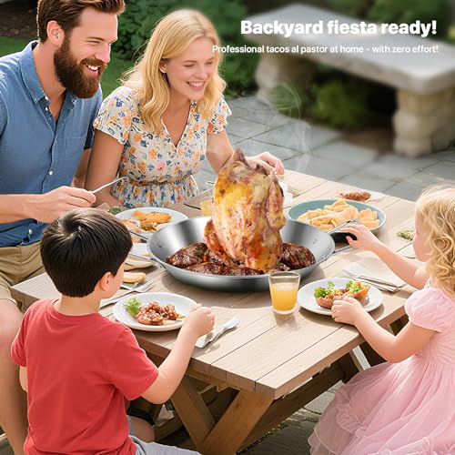 Stainless Steel Shawarma Pan for Oven & Grill - Vertical Skewer with Gyro Plate & 5 Spikes (6"-14") in Middle - Al Pastor Rotisserie for Tacos, Chicken, Pork - Gyro Cooking Pan, Roasting Skewer Stand.