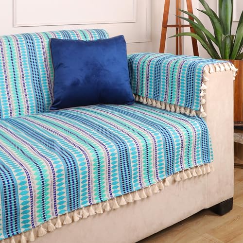 Image of STITCHNEST Woven 1 Seater Sofa Protector with 2 Hand Rest Covers - Blue & White Stripe Design - Washable Fabric with Tassels - Stylish Sofa Cover for Modern Living Room & Furniture Decor