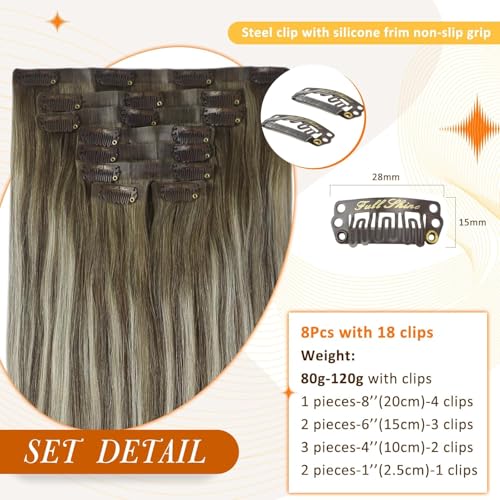 Image of Full Shine Human Hair Extensions Clip ins, Balayage Cool Brown Ombre Blonde | Seamless Ultra-Thin Weft, Long Straight Hair for Women, Heat Styling, Adds Length & Volume, Natural Blend, 22 Inch 8 Pcs 120g