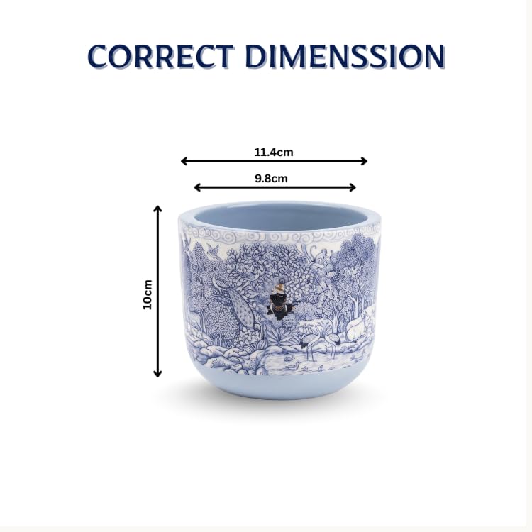 Image of Glass Finish Terracotta Planter Pot for Home Decor | Flower Pot | Blue and White, Krishna and Peacock Theme, 11.4cm x 10cm