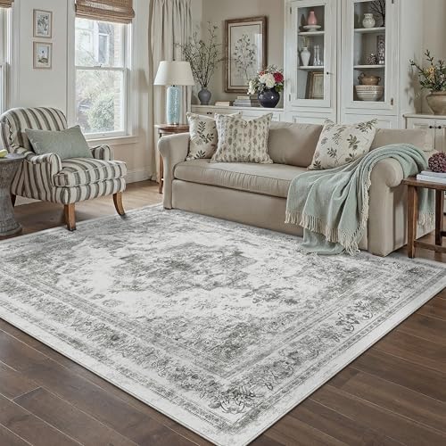 Area Rug 5x7 Washable Gray Rug Vintage Boho Medallion Large Grey Distressed Retro Carpet for Living Room Non Slip Indoor Low Pile Small Soft Bedroom Dining Room Home Office