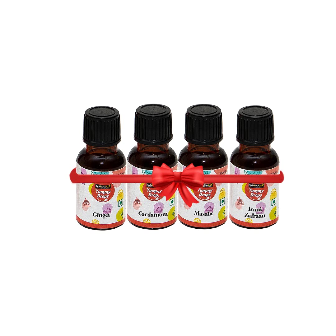 TapadiaA-Z YummyDrops Combo of Tea Time Fantasy Ginger Cardamom Masala Irani Zafraan Tea Flavours Extract Drops For Food Beverages Dessert -15 ml Each Pack of 4