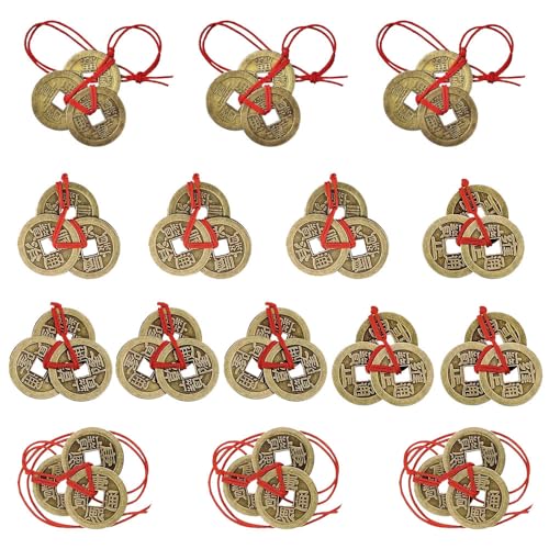 TONGIHS 15 Set Moneda Tradicional con Cuerda Roja, China Monedas de Fortuna Antigua, Moneda de Feng Shui Ching para Buena Evitar Riqueza Salud Éxito a Amigo Familia Amante