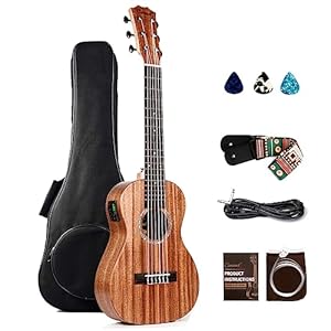 Caramel 30 inch All Solid Mahogany 6 String Ukulele Guitalele Wooden LCD color display Electric Guitalele Kit Small Hawaiian Beginner Guitar Starter Pack Bundle Gig bag, Strap,Strings, Wall mount Set