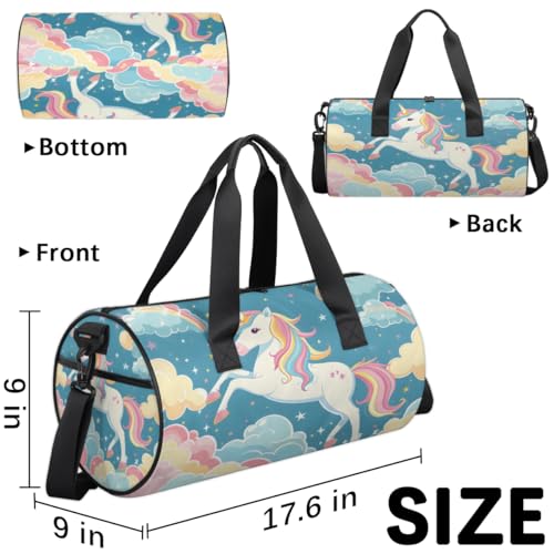Unicorn Rainbows Round Barrel Sports Fitness Bag, Blue Pink White Travel Luggage Bag, Reusable Handbag, Suitable For Men and Women3