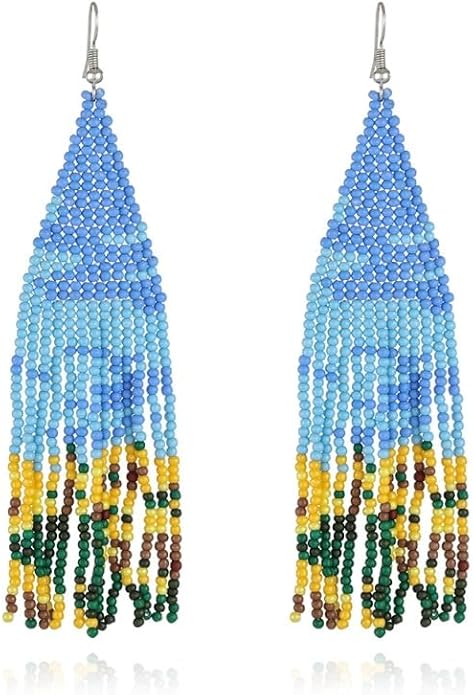 Beaded Dangle Earrings, Handcrafted Seed Bead Fringe Design, Multi-Color