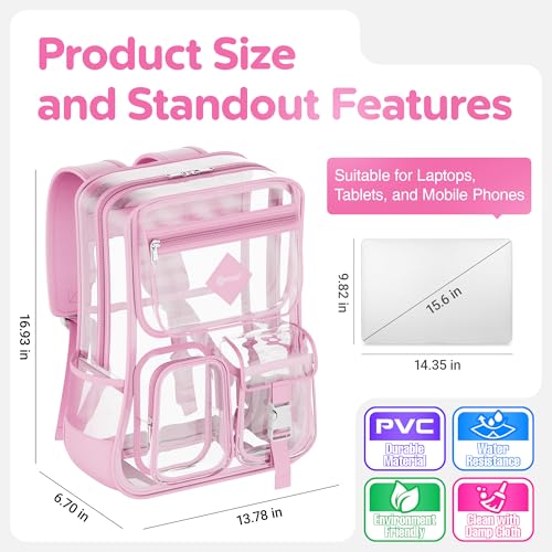 Contixo Clear Backpack for Kids & Adults - Transparent PVC Bookbag - Stadium-Approved Travel Bag for School, Waterproof - Adjustable Straps - Durable Tear-Resistant - 16.9" x 13.7" x 6.6" - Pink2