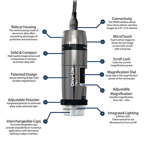 Dino-Lite Hdmi Digital Microscope Am5218Mzt- 720P, 20X - 220X Optical Magnification, Polarized Light #TOP1