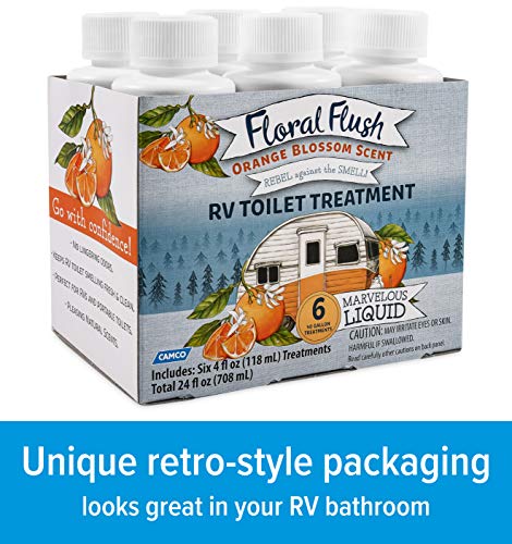 Image of Camco 41481 Floral Flush RV Toilet Treatment Singles, Orange Blossom Scent - Eliminates Odors and Breaks Down Waste - Each Bottle Treats Up to 40-gallons - Contains (6) 4 oz. Bottles (Pack of 4)