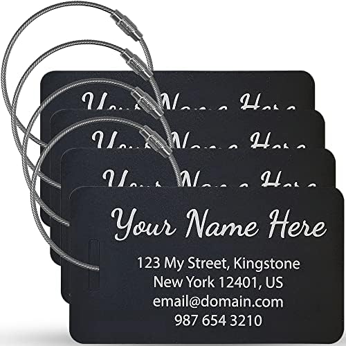 Personalized Luggage Tags for suitcases - Handmade Customized Laser Engraved Metal Luggage Tags with Stainless Steel Wire Loops Pack of 4 (Black, 2x3.5”)