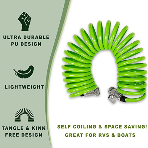 Morvat 50 Ft Coil Garden Hose With On/Off Valve, Expandable Spiral Spring Water Hose With Nickel Plated Brass Fittings, For Boats Yard & Rv, Includes 10 Way Spray Nozzle, Teflon Tape & 2 Extra Washers #TOP5