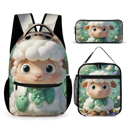 Cute Cartoon Sheep Backpack Set 3 Piece, Durable Backpack Insulated Lunch Bag Portable Pencil Case for Men Women