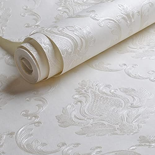 Image of AMINAH DECO Cream White Damask Decorative Textured Floral Wallpaper