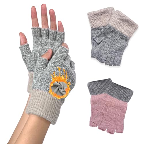 2 paia di guanti senza dita per donne e uomini, guanti invernali lavorati a maglia touchscreen, caldi ed elastici, per ciclismo, lavoro, rosa + grigio, M