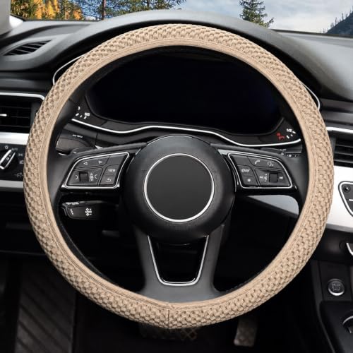 Image of KAFEEK Elastic Stretch Steering Wheel Cover, Universal 15 Inch, Beige