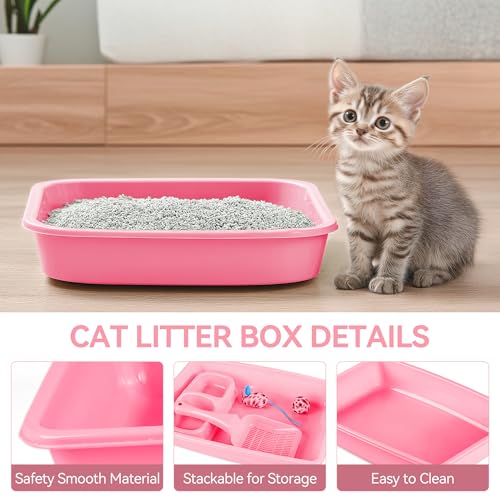PAWISE Small Cat Litter Box Kit for Kittens – 5‑Piece Kit with Low Entry Litter Pan, Scooper, Feeding Bowls & Mouse Toy – Cat Starter Set for New Kitty Home, Pink - Image 6