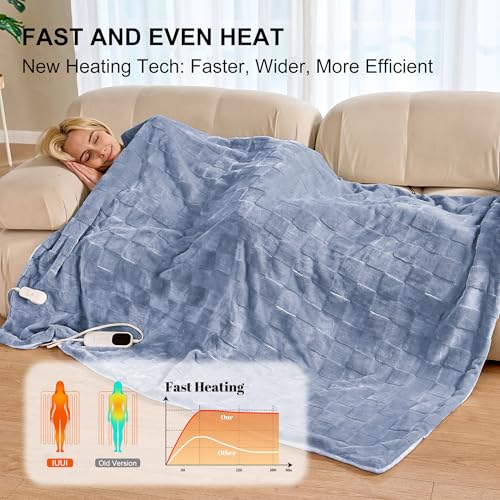 Image of IUUI Heated Blanket Electric Queen Dual Controller- 84x90 Inches Soft Flannel Heating Blanket,Fast Heating Blanket 6 Heating Levels & 2 Hours Auto Off ETL Certification (Ashley Blue, Queen)