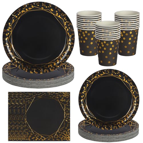 PYAILI Série de couverts en noir et or,total 80 pièces : comprend des assiettes, des gobelets en papier et des serviettes, pouvant accueillir 20 invités....