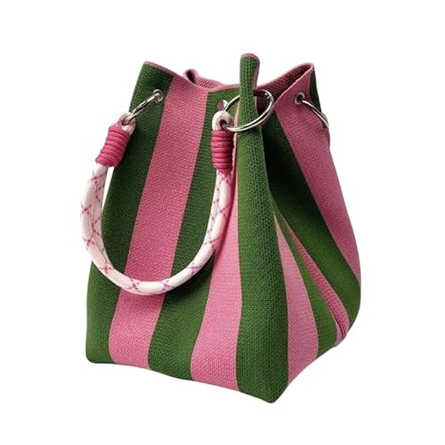 Boho Woven Bucket Bag for Women, Handmade Knitted Crochet Shoulder Bag, Lightweight Summer Beach Vacation Bag, Stylish Bohemian Handbag for Travel (Pink and green stripes)