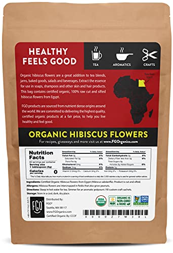 Organic Hibiscus Flowers | Loose Tea (200+ Cups) | Cut & Sifted | 16Oz/453G Resealable Kraft Bag |100% Raw From Egypt | By Fgo #TOP1