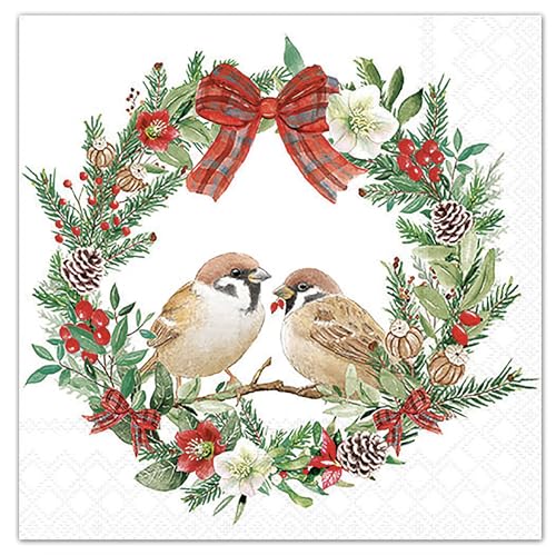 Set of 2 Individual Decoupage Paper Party Napkin Christmas Sparrows Wreath Watercolor Decor Luncheon Napkins for a Birthday Holiday, Wedding, Cocktail Party