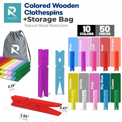 RIVEDA 50pcs Colored Wooden Clothes Pins, 2.9inch 10 Colors, Clothespins for Classroom, Clip Hanging Photos, DIY Clips for Crafts, Decorations