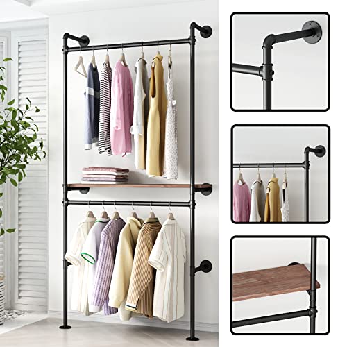 Dr.iron Industrial Pipe Clothing Racks With Vintage Shelves, Wall Mounted Black Clothes Rack With Double Hanging Rods Heavy Duty Garment Storage Rack Display Racks Rod For Clothes,Laundry Room #TOP2