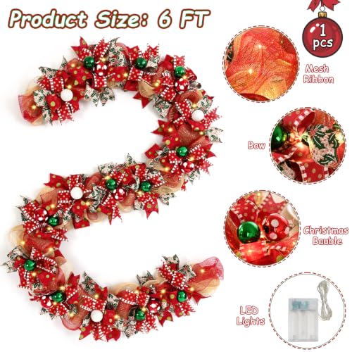 6 Ft Christmas Garland with Lights Christmas Decorations, Red - Image 5