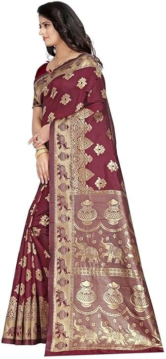 Women's Pure Soft Kanjivaram Silk Saree Banarasi Design Style With Blouse Piece for Partywear/wedding gift Diwali Gift item Indian saree Pack Of 1(Maroon)