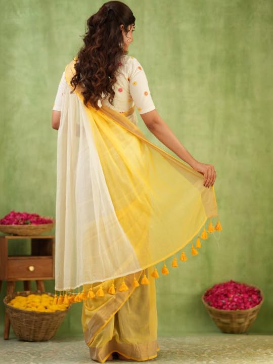 Image of Women's Cotton Silk Handloom Plain Solid Golden Zari Border Saree with Unstitched Blouse Piece | 5.5 Meter Saree + 0.8 Meter Blouse Piece | Traditional Ethnic Wear